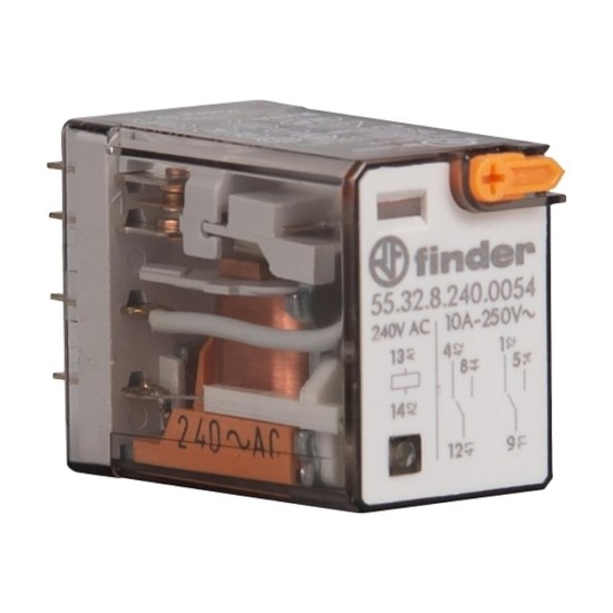 Finder 55 Series Miniature GP Relay 10A 2CO 240V AC Coil with PB plus LED plus Mech Indicator Finder 55 Series Miniature GP Relay 10A 2CO 240V AC Coil with PB plus LED plus Mech Indicator