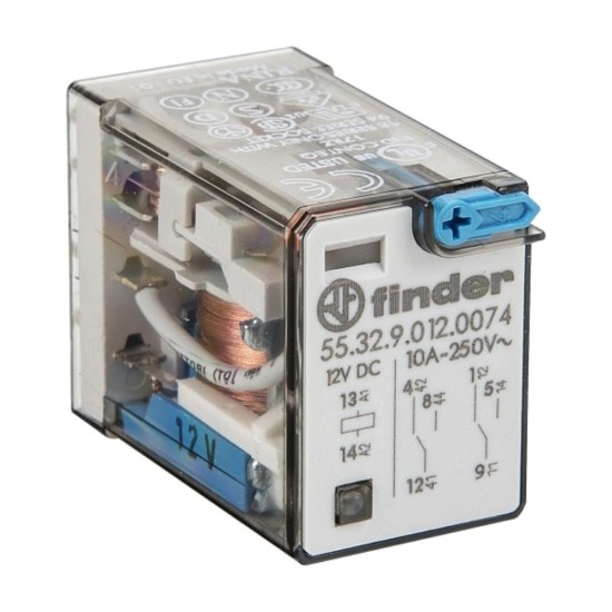 Finder 55 Series Miniature GP Relay 10A 2CO 12V DC Coil with PB plus LED plus Mech Indicator Finder 55 Series Miniature GP Relay 10A 2CO 12V DC Coil with PB plus LED plus Mech Indicator