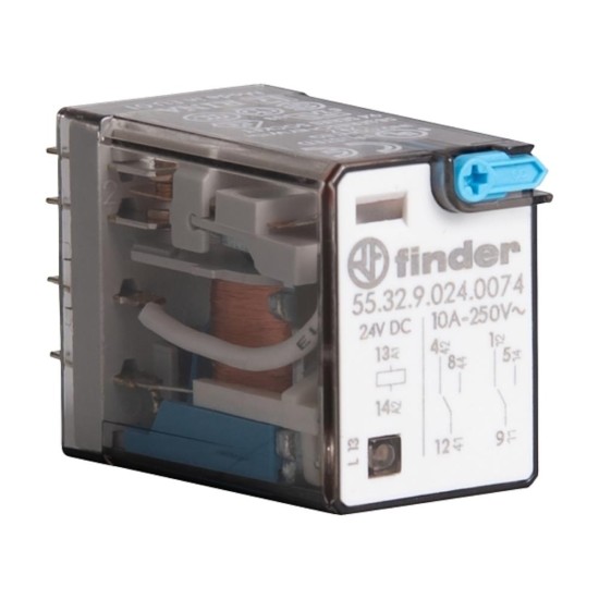 Finder 55 Series Miniature GP Relay 10A 2CO 24V DC Coil with PB plus LED plus Mech Indicator Finder 55 Series Miniature GP Relay 10A 2CO 24V DC Coil with PB plus LED plus Mech Indicator