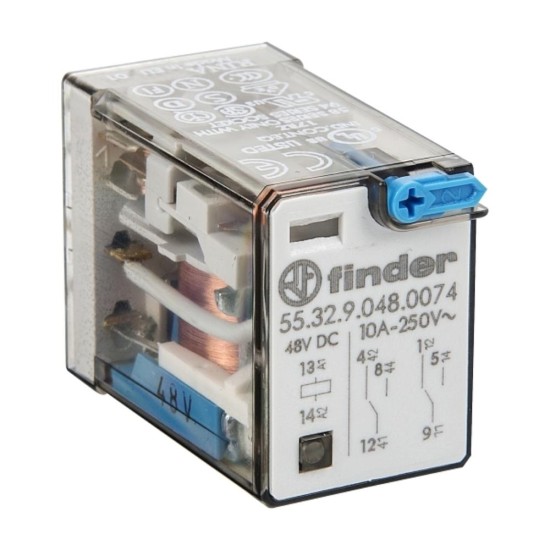 Finder 55 Series Miniature GP Relay 10A 2CO 48V DC Coil with PB plus LED plus Mech Indicator Finder 55 Series Miniature GP Relay 10A 2CO 48V DC Coil with PB plus LED plus Mech Indicator