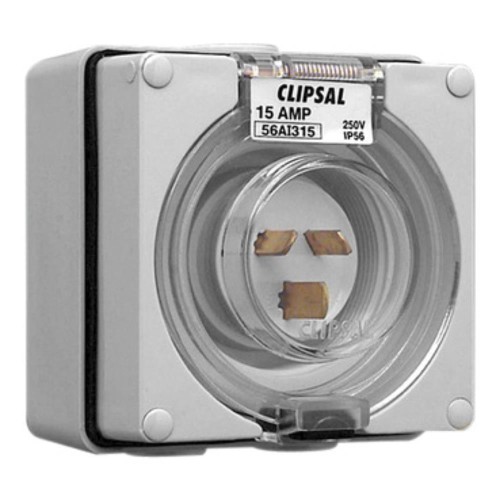 Clipsal - 56 Series Appliance Inlet IP66, 250V 15A - 3 Flat Pins, Grey Clipsal - 56 Series Appliance Inlet IP66, 250V 15A - 3 Flat Pins, Grey