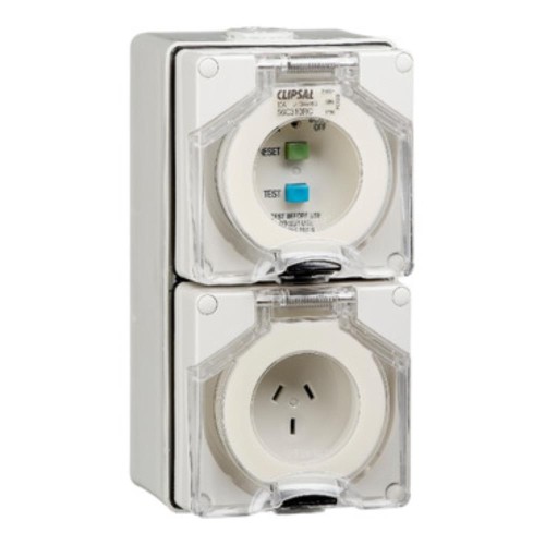 Clipsal - 56 Series RCD Protected Switched Socket Outlet 250V, 10A, 3 Flat PIN, IP66, 30mA, Grey Clipsal - 56 Series RCD Protected Switched Socket Outlet 250V, 10A, 3 Flat PIN, IP66, 30mA, Grey