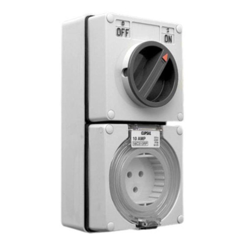 Clipsal - 56 Series Switched Socket Outlet 250V, 10A, 3 Round PIN, IP66, 1 Pole, Light, Grey Clipsal - 56 Series Switched Socket Outlet 250V, 10A, 3 Round PIN, IP66, 1 Pole, Light, Grey