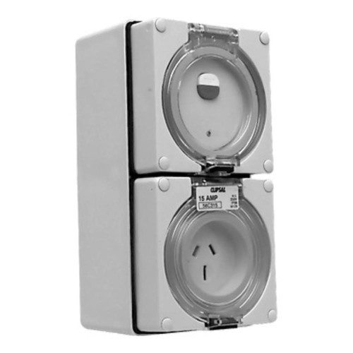 Clipsal - 56 Series RCD Protected Switched Socket Outlet 250V, 15A, 3 Flat PIN, IP66, Surface Mount, Grey Clipsal - 56 Series RCD Protected Switched Socket Outlet 250V, 15A, 3 Flat PIN, IP66, Surface Mount, Grey