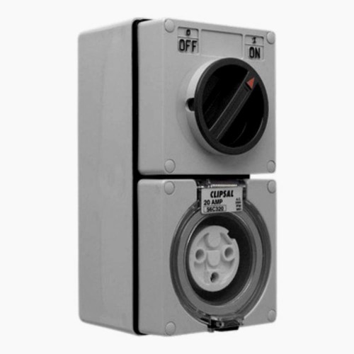 Clipsal - 56 Series Switched Socket Outlet 250V, 20A, 3 Round PIN, IP66, 1 Pole, Chemical Grey Clipsal - 56 Series Switched Socket Outlet 250V, 20A, 3 Round PIN, IP66, 1 Pole, Chemical Grey