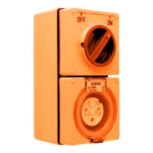 Clipsal - 56 Series Switched Socket Outlet 250V, 20A, 3 Round PIN, IP66, 1 Pole, Resistant Orange Clipsal - 56 Series Switched Socket Outlet 250V, 20A, 3 Round PIN, IP66, 1 Pole, Resistant Orange