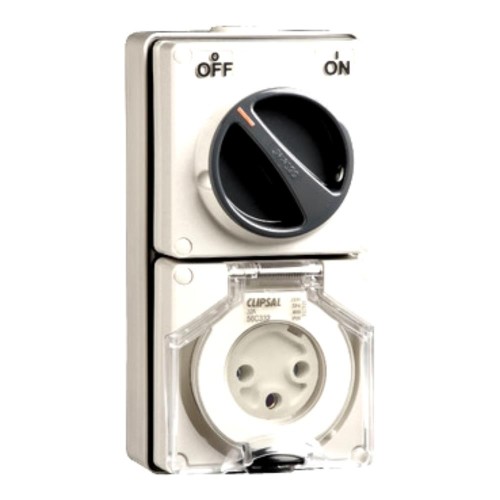 Clipsal - 56 Series Switched Socket Outlet 250V, 32A, 3 Round PIN, IP66, 1 Pole, Resistant White Electric Clipsal - 56 Series Switched Socket Outlet 250V, 32A, 3 Round PIN, IP66, 1 Pole, Resistant White Electric
