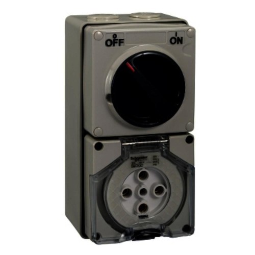 Clipsal - 56 Series Switched Socket Outlet 500V, 32A, 5 Round PIN, IP66, 3 Pole, Surface Mount, Woolworths Grey Clipsal - 56 Series Switched Socket Outlet 500V, 32A, 5 Round PIN, IP66, 3 Pole, Surface Mount, Woolworths Grey