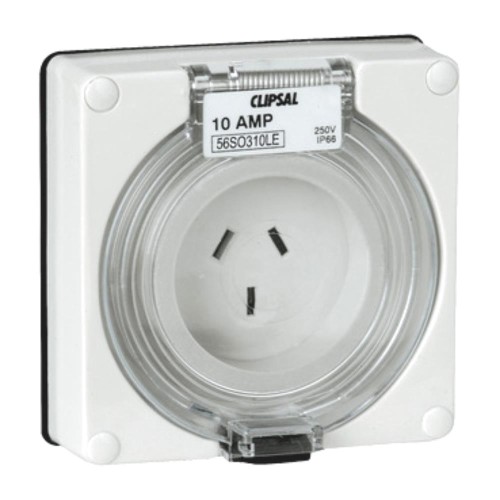 Clipsal - 56 Series Socket Outlet Surface 3 Flat PIN 10A 250V Less Enclosure, Resistant White Electric Clipsal - 56 Series Socket Outlet Surface 3 Flat PIN 10A 250V Less Enclosure, Resistant White Electric