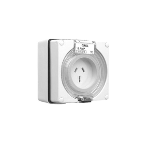 Clipsal - 56 Series Surface Socket IP66, 250V 15A - 3 Flat Pins, Resistant White Electric