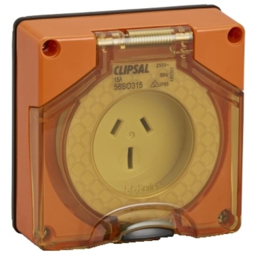 Clipsal - 56 Series Socket Outlet Surface 3 PIN 15A Less Enclosure, Resistant Orange Clipsal - 56 Series Socket Outlet Surface 3 PIN 15A Less Enclosure, Resistant Orange