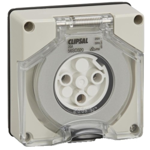 Clipsal - 56 Series Socket Outlet Surface 3 Pole Round 20A Less Enclosure, Grey Clipsal - 56 Series Socket Outlet Surface 3 Pole Round 20A Less Enclosure, Grey