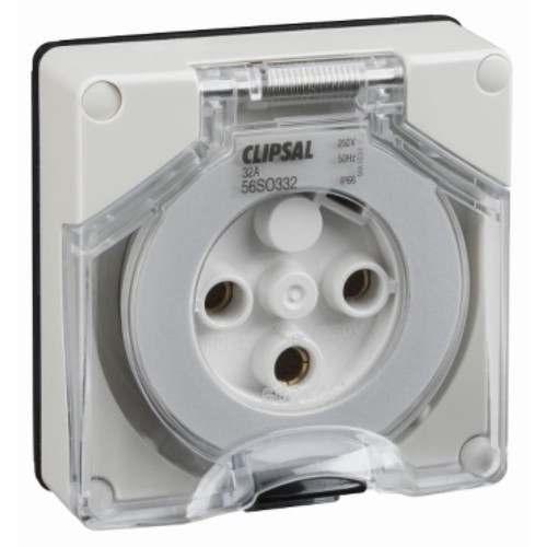 Clipsal - 56 Series Socket Outlet Surface 3 Pole Round 32A Less Enclosure, Grey Clipsal - 56 Series Socket Outlet Surface 3 Pole Round 32A Less Enclosure, Grey