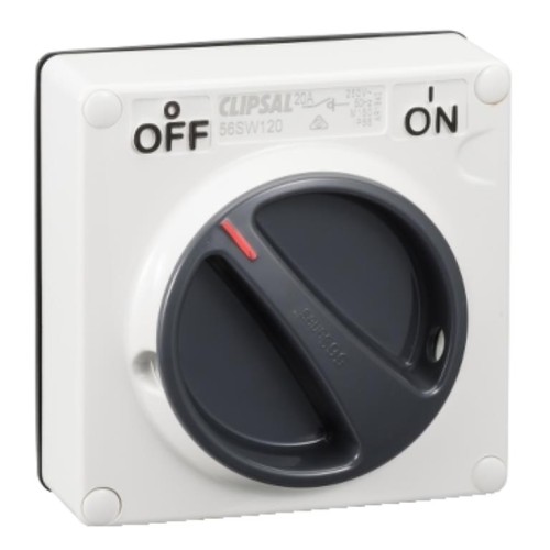 Clipsal - 56 Series, Surface Switch, 1 Gang, 1 Pole, 250VAC, 20A, Less Enclosure, Resistant White Clipsal - 56 Series, Surface Switch, 1 Gang, 1 Pole, 250VAC, 20A, Less Enclosure, Resistant White