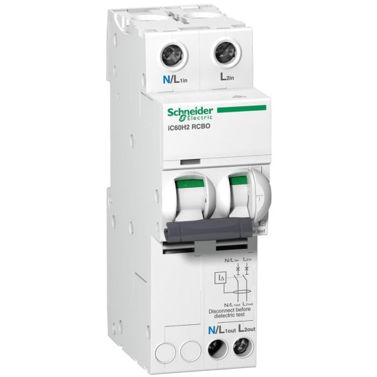 Acti9, Residual current breaker with overcurrent protection (RCBO), Acti9 iC60H2 RCBO, 2P, 10A, 30mA, A type, 10000A Acti9, Residual current breaker with overcurrent protection (RCBO), Acti9 iC60H2 RCBO, 2P, 10A, 30mA, A type, 10000A