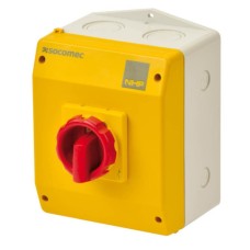 Socomec ISO Enclosed Isolator, Large IP 65 Plastic Yellow, Handle - Red, 3P 40A Socomec ISO Enclosed Isolator, Large IP 65 Plastic Yellow, Handle - Red, 3P 40A