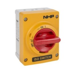 ISO Switch 40A, 3P Yellow color Polycarbonate enclosure with Red handle ISO Switch 40A, 3P Yellow color Polycarbonate enclosure with Red handle