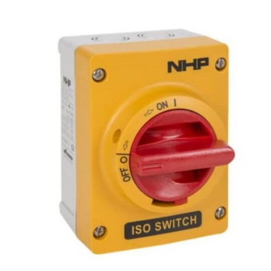 ISO Switch 40A, 3P Yellow color Polycarbonate enclosure with Red handle ISO Switch 40A, 3P Yellow color Polycarbonate enclosure with Red handle