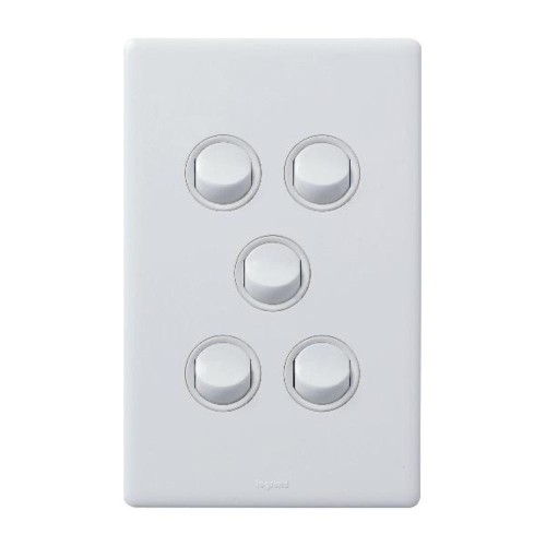 Excel Life 16A 2 Way Single Pole Double Throw Vertical Rocker Switch 5 Gang Gloss White