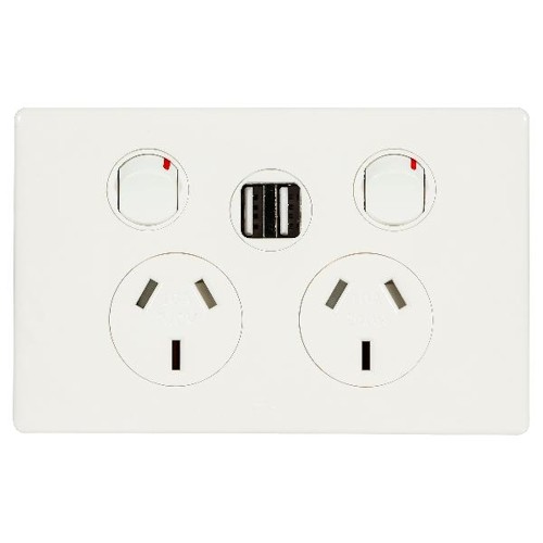 Excel Life 10A Double Powerpoint with Integrated USB Dual Type A Chargers Gloss White