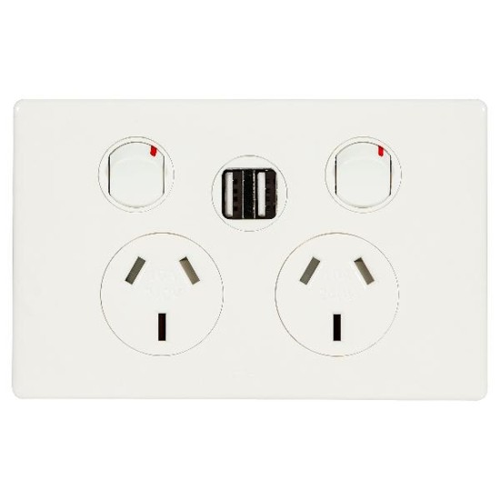 Excel Life 10A Double Powerpoint with Integrated USB Dual Type A Chargers Gloss White