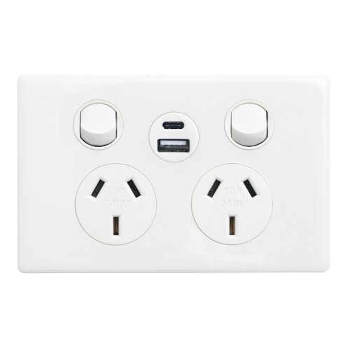 Excel Life 10A Double Powerpoint with 12W USB Type A+C Module Charger Gloss White Excel Life 10A Double Powerpoint with 12W USB Type A+C Module Charger Gloss White