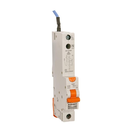 NHP MOD6 Residual Current Device - Long body w/ Overcurrent 6kA 16A 1Pole and N C Curve 30mA Type A NHP MOD6 Residual Current Device - Long body w/ Overcurrent 6kA 16A 1Pole and N C Curve 30mA Type A